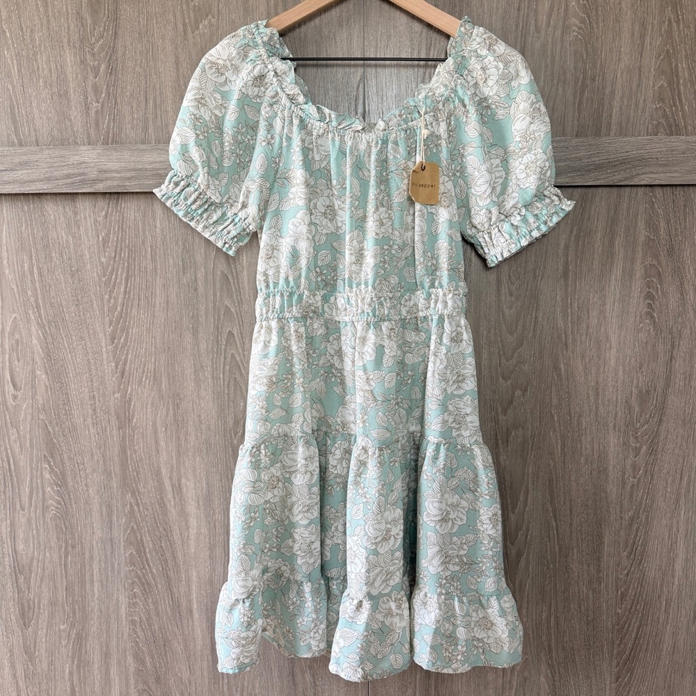 Blu‎ Pepper Floral Mini Dress Womens Medium Green Boho Cottagecore Prairie NWT